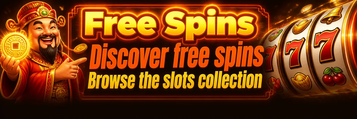 Bright slot-themed banner with the fortune-keeper beside colourful reels in orange and gold.