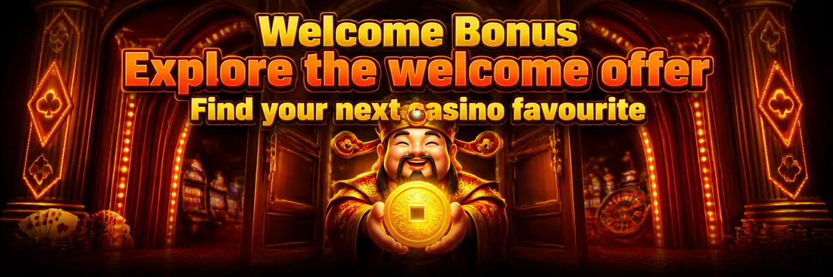 Orange-and-gold casino banner featuring the fortune-keeper and a glowing welcome-themed coin.
